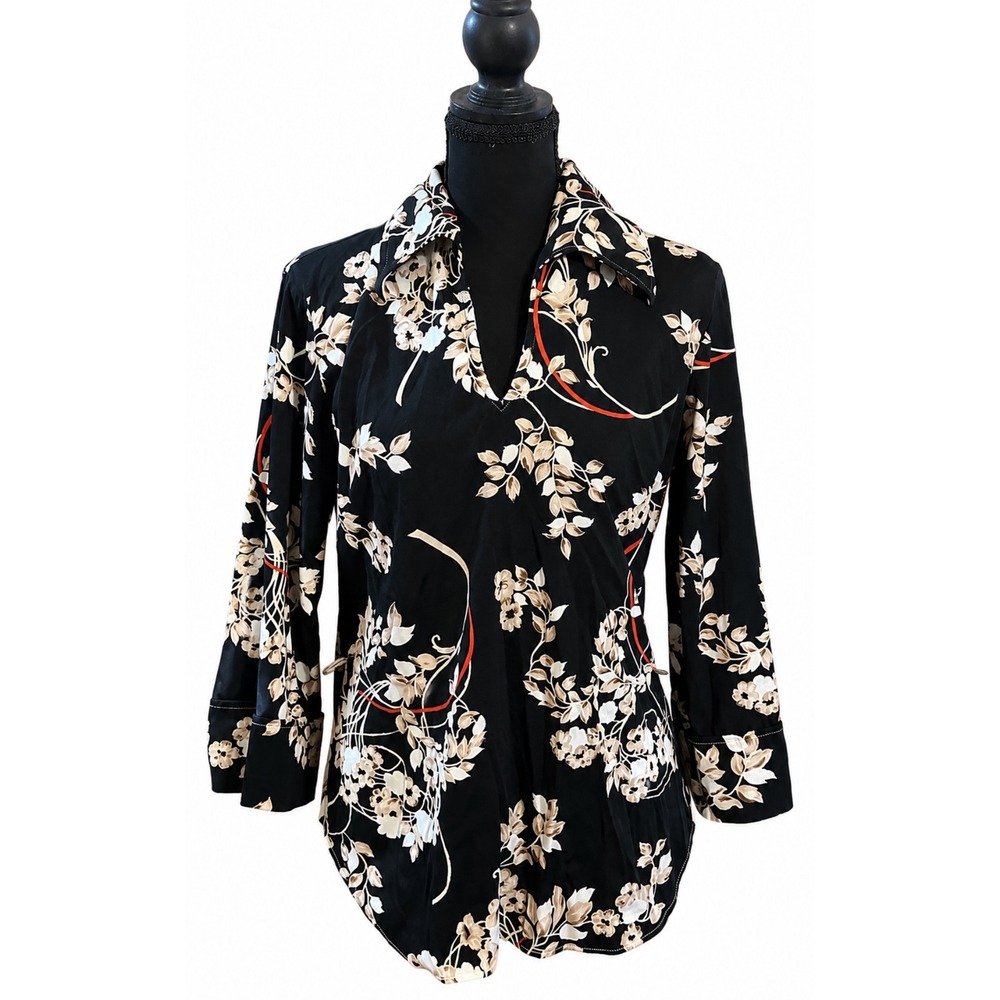 VTG Montgomery Ward Floral Blouse Womens Size 16 Black Cream Long Sleeve 70s 80s